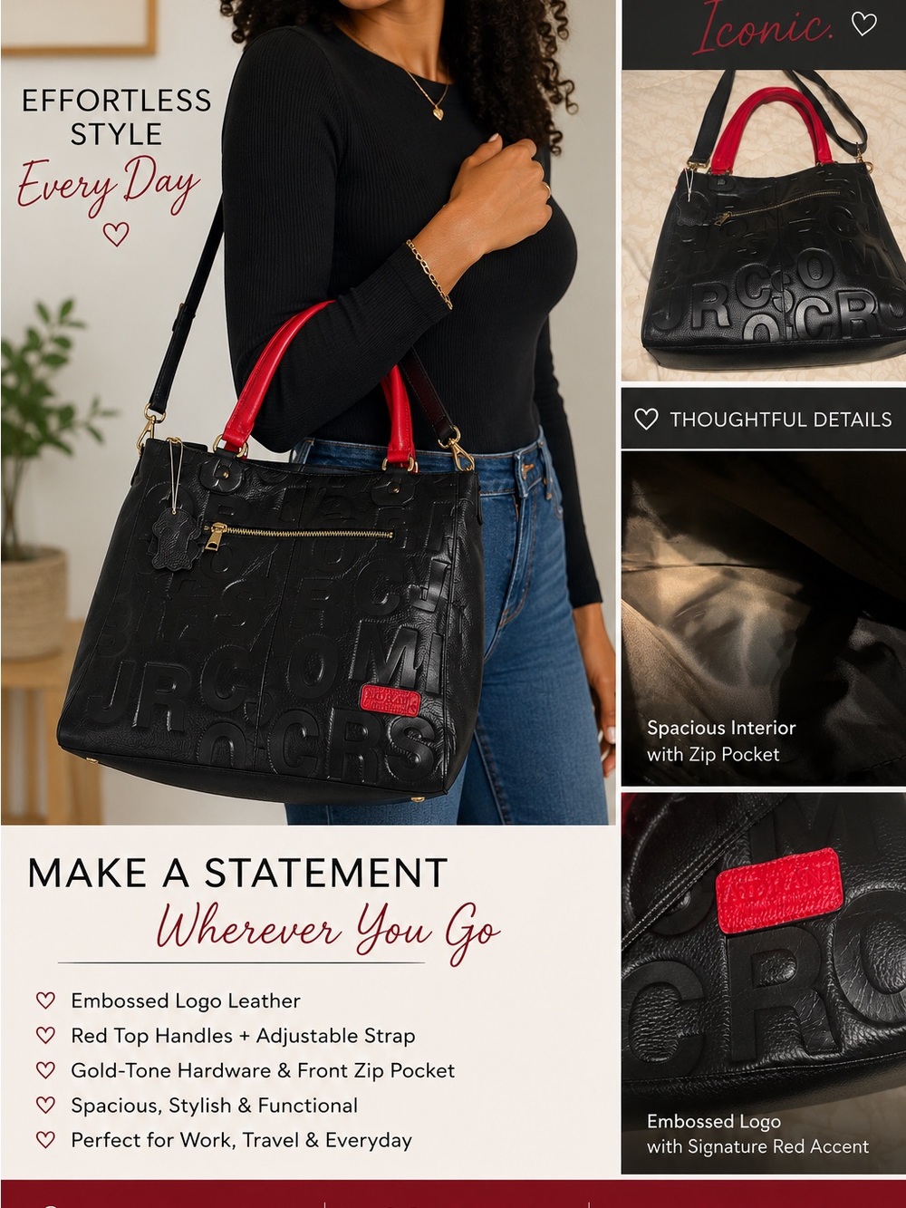 Black Embossed Leather Tote with Red Handles